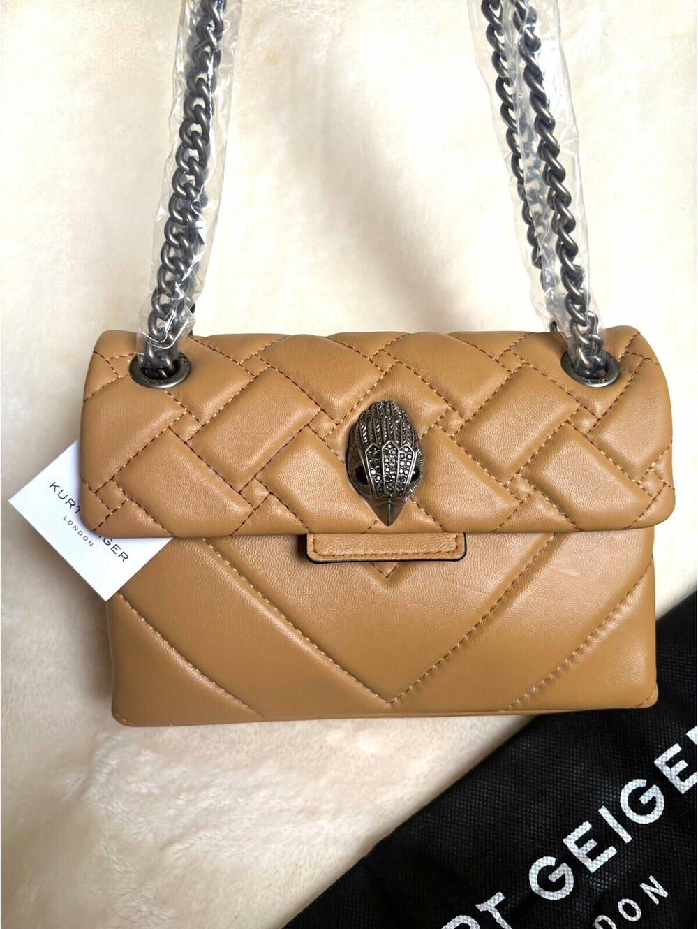Kurt Geiger Kensington Beige Quilted Shoulder Bag Chain Strap Crystal Silver HW